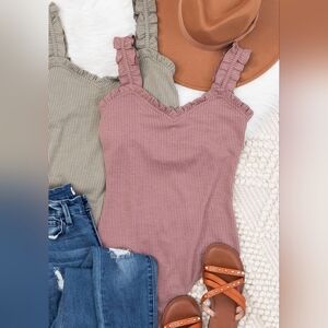 Pink Lily Mauve Ruffle Ribbed Bodysuit